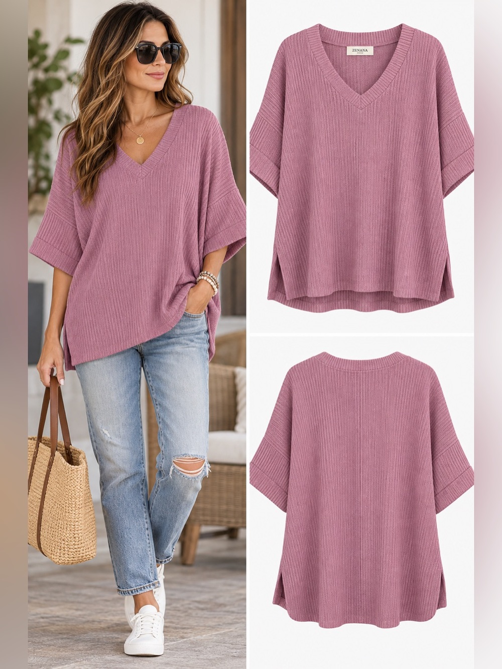 🩷NWT! Zenana Oversized Ribbed V-Neck Dolman Sleeve Boxy Sweater Top